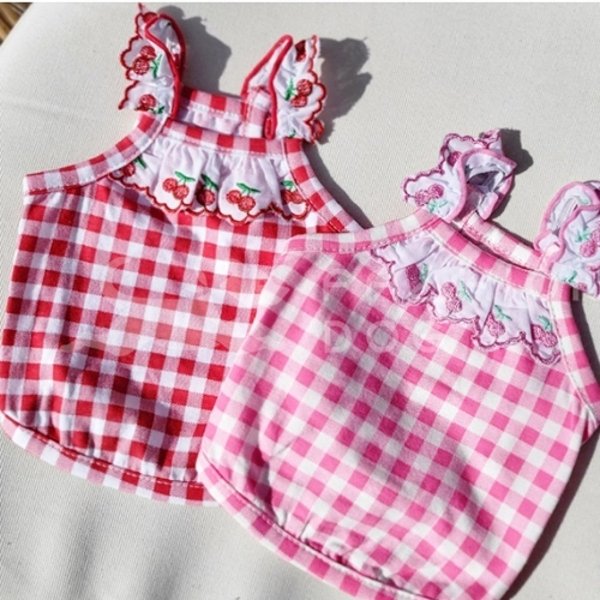 강아지 체리체크 크롭티 1P 반려견 여름 배꼽 티셔츠 (WD18489)