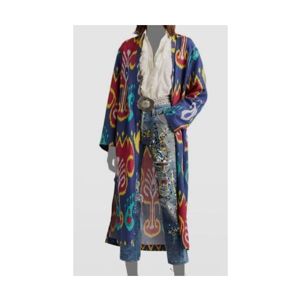 2690 Ralph Lauren Collection Women Blue Karly Ikat Long Silk-Cotton Coat Size 6