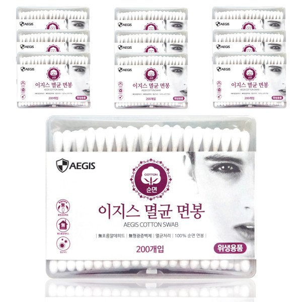[오늘출발] 이지스 순면 멸균 면봉 성인용 200개입 (10개) / 대용량 일회용 위생 나무면봉 화장 미용 약국용 귀후비개