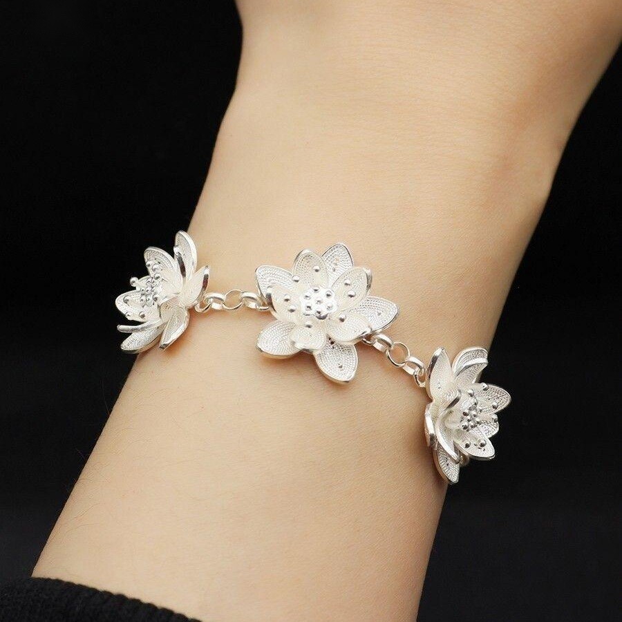 세개의 연꽃 순은999 은팔찌 고품질 핸드메이드 최고순도 불교 건강 효능 실버 장인 은세공