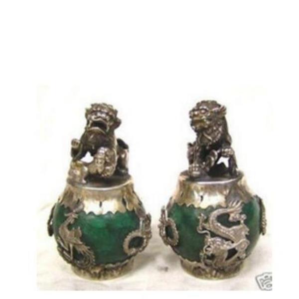 구리 동상 1 쌍 세공 티베트 실버 녹색 옥 조각 피규어 드래곤 피닉스 사자 푸 개 동상 티베트어 실버 청