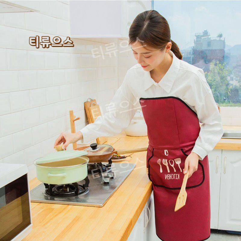 최화정 유튜즈 앞치마 빨간 체크 방수 끈없는 앞치마 티류으스