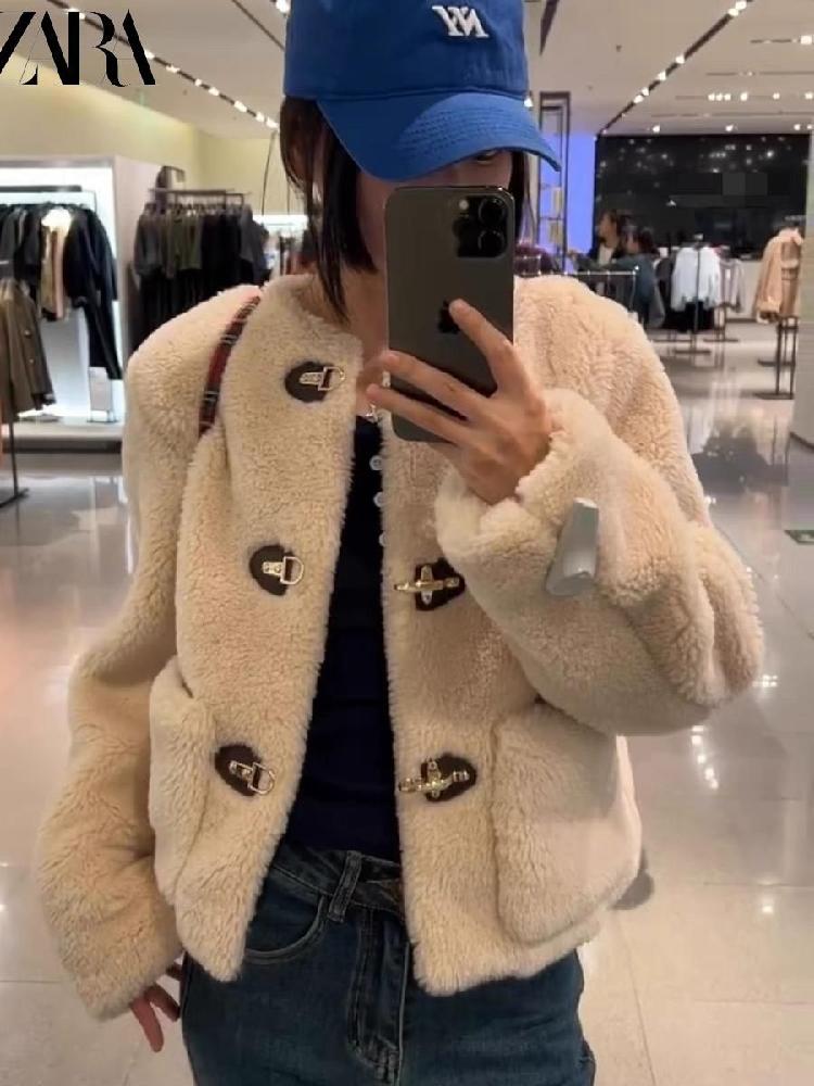 ZARA 자라 여성 양털 숏코트 버클 플리스 뽀글이 퍼자켓 퍼점퍼 5854223