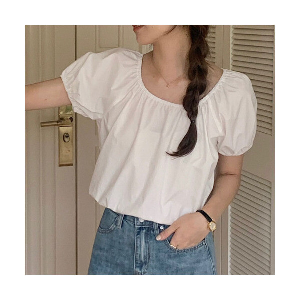 반해써 당일출고 베이지/브라운/소라 백리본 셔링 퍼프 여름 반팔 블라우스 T_YW8