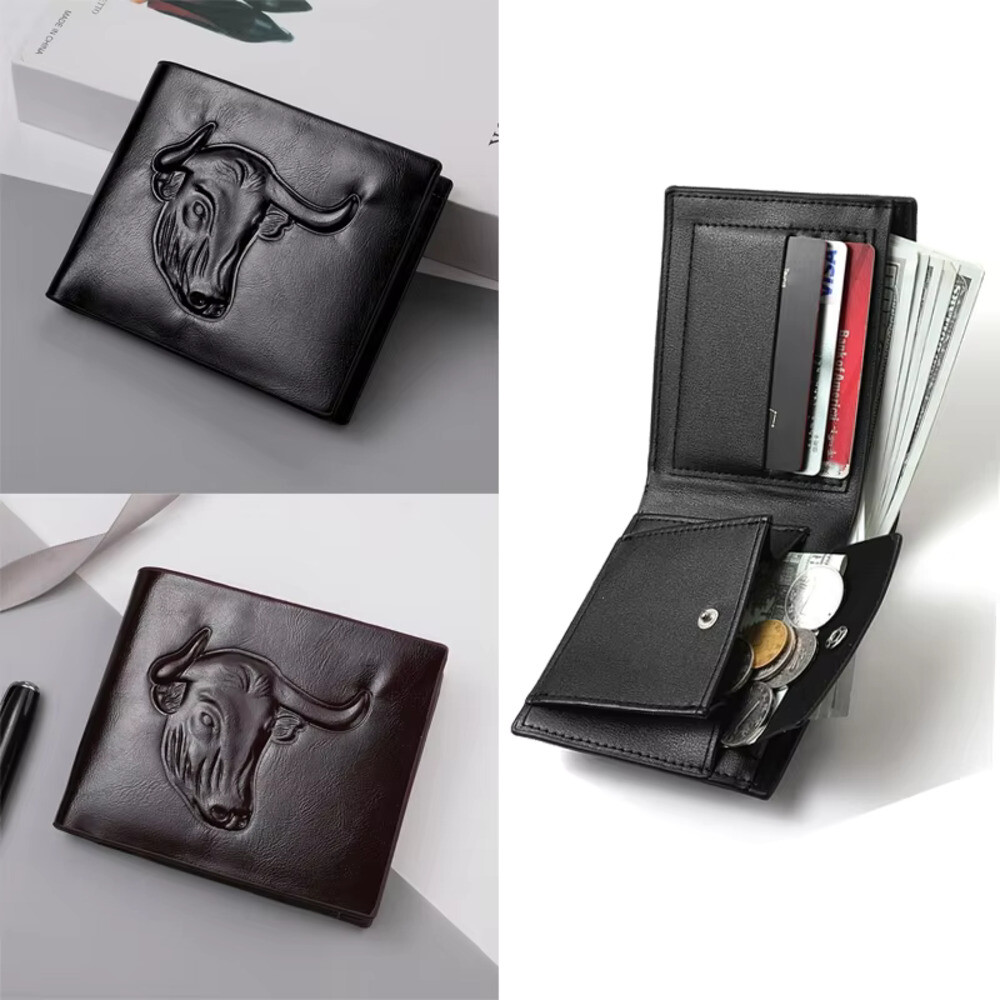 가죽 지갑 남성용 황소 엠보싱 패턴 PU 이중 머니 클립 멀티 카드 슬롯 대용량 1 개