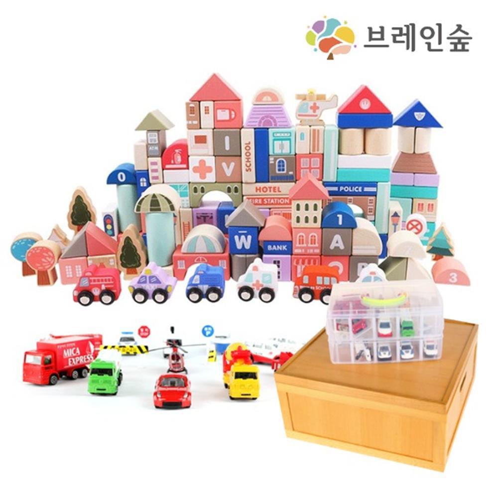 동네 상가 쌓기놀이 파스텔 원목블록+미니카 공부방 학습완구 유치원