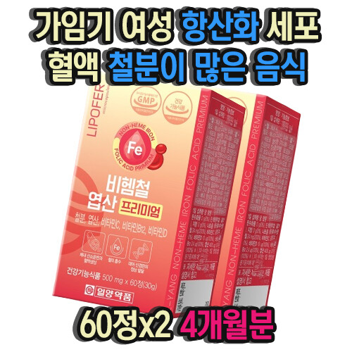 가임기 여성 항산화 세포 혈액생성 철분이 많은 음식 철분제복용법 60정x2 4개월분 어지러움원인 철결핍성