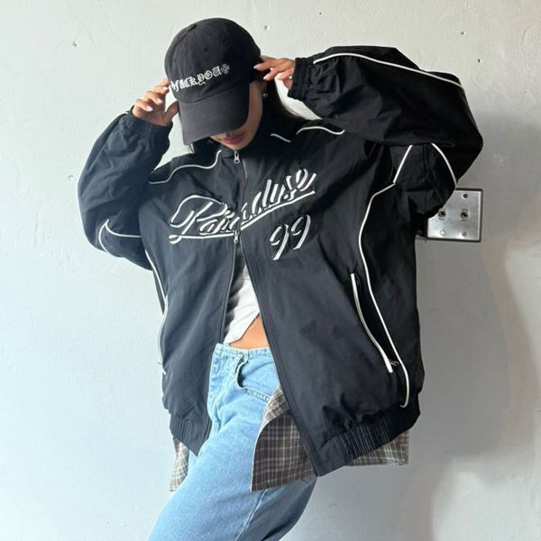 옷자락 하프클럽/여자 블록코어룩 삥줄 투웨이 자수 오버핏 커플 점퍼