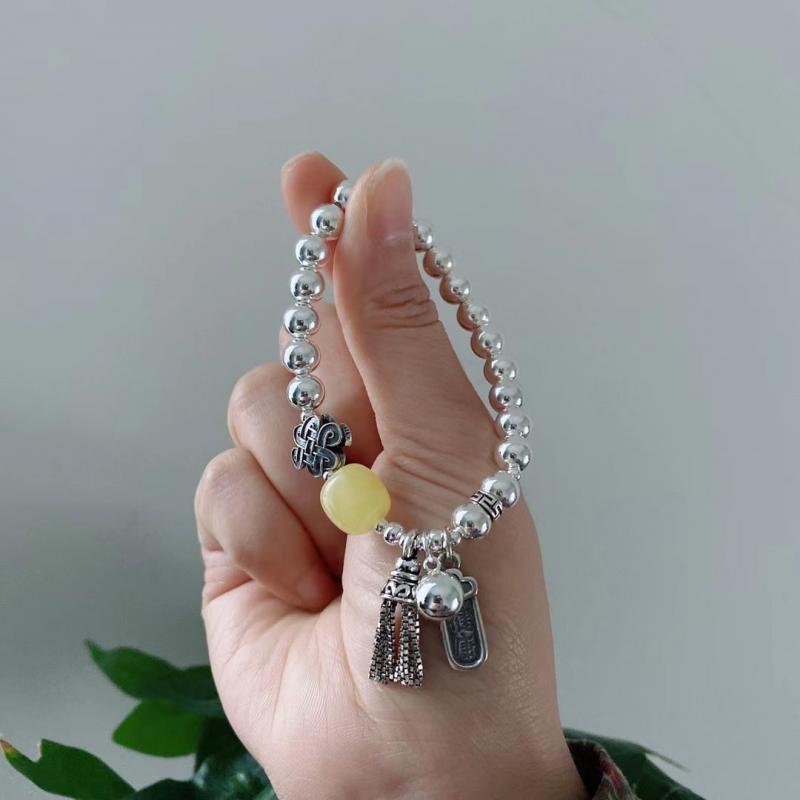 S925 순은 건강 팔찌 남녀 공용 패션 라운드 레트로 스털링 실버 비즈 밀랍 술 손목 링 ACC