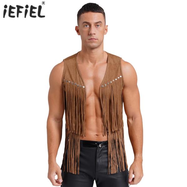 남성용 서양 카우보이 코스튬 파티 조끼 인조 스웨이드 술 패션 리벳 프린지 오픈 프론트 민소매 재킷
