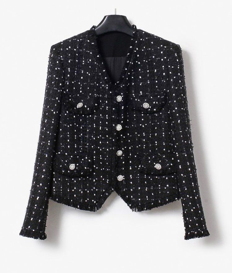 고급 홍콩 수입의류 여성 봄 명품스타일 폴카 블랙 트위드자켓 하객룩 올드머니룩