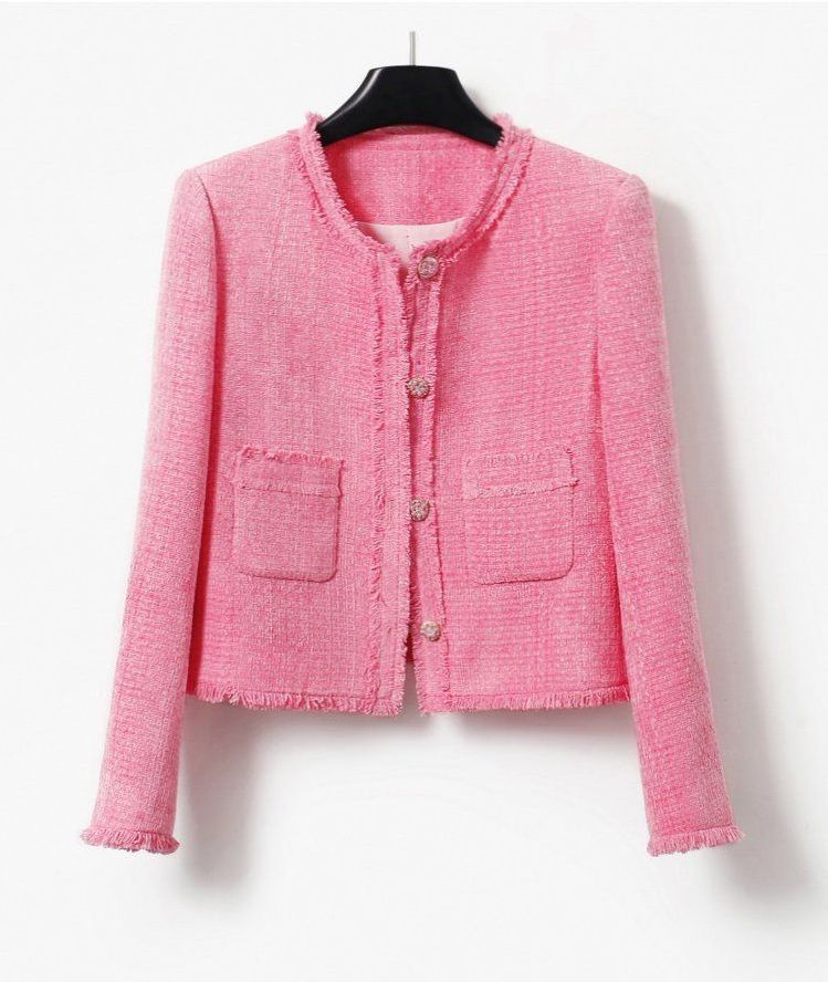 고급 홍콩 수입의류 여성 봄 명품스타일 핑크 라운드넥 럭셔리 클래식 트위드자켓 상견례 하객룩