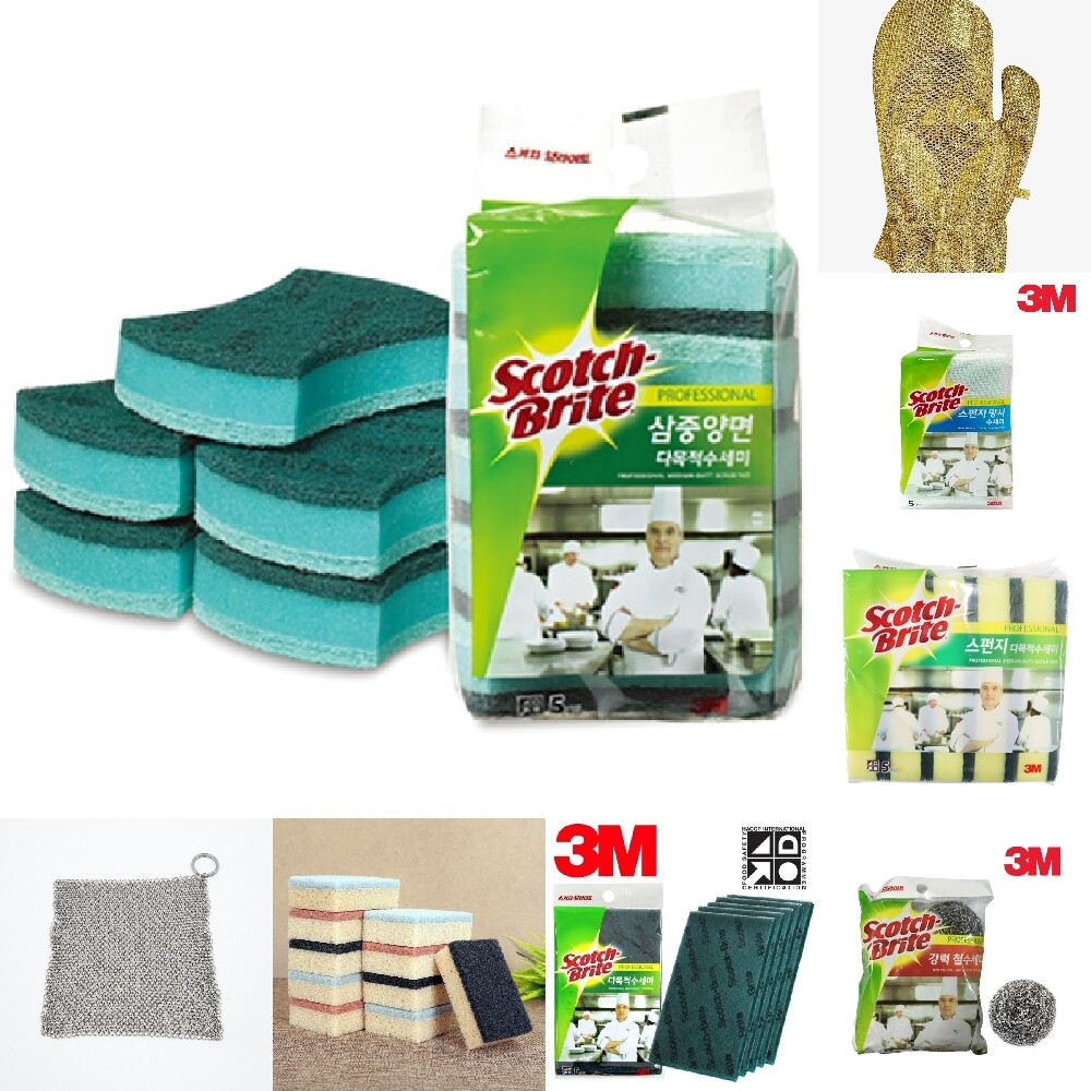 3M-삼중양면 수세미 MD100DB 5EA (1EA)/용품/설거지/집들이/선물/키친/어린이집/학교/세척/스펀지/요술