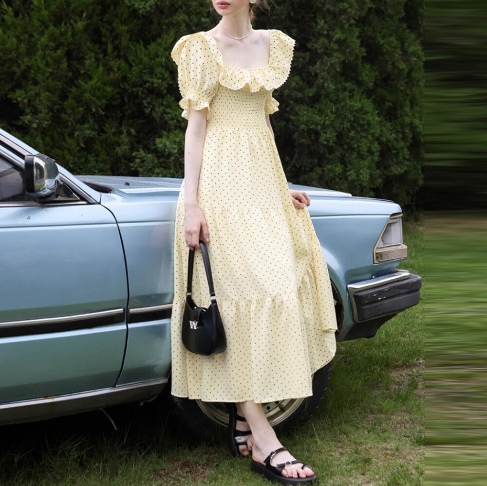명품스타일여성의류 홍콩수입보세 프릴 스퀘어넥 라인 포인트 오프숄더 겸용 도트 패턴 밴딩 퍼프 원피스