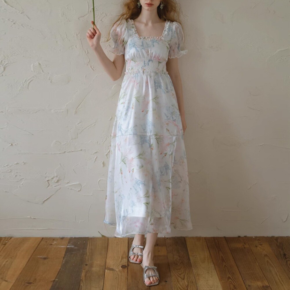 명품스타일여성의류 홍콩수입보세 백 리본 포인트 프릴 라인 퍼프 슬리브 밴딩 롱원피스 1COLOR