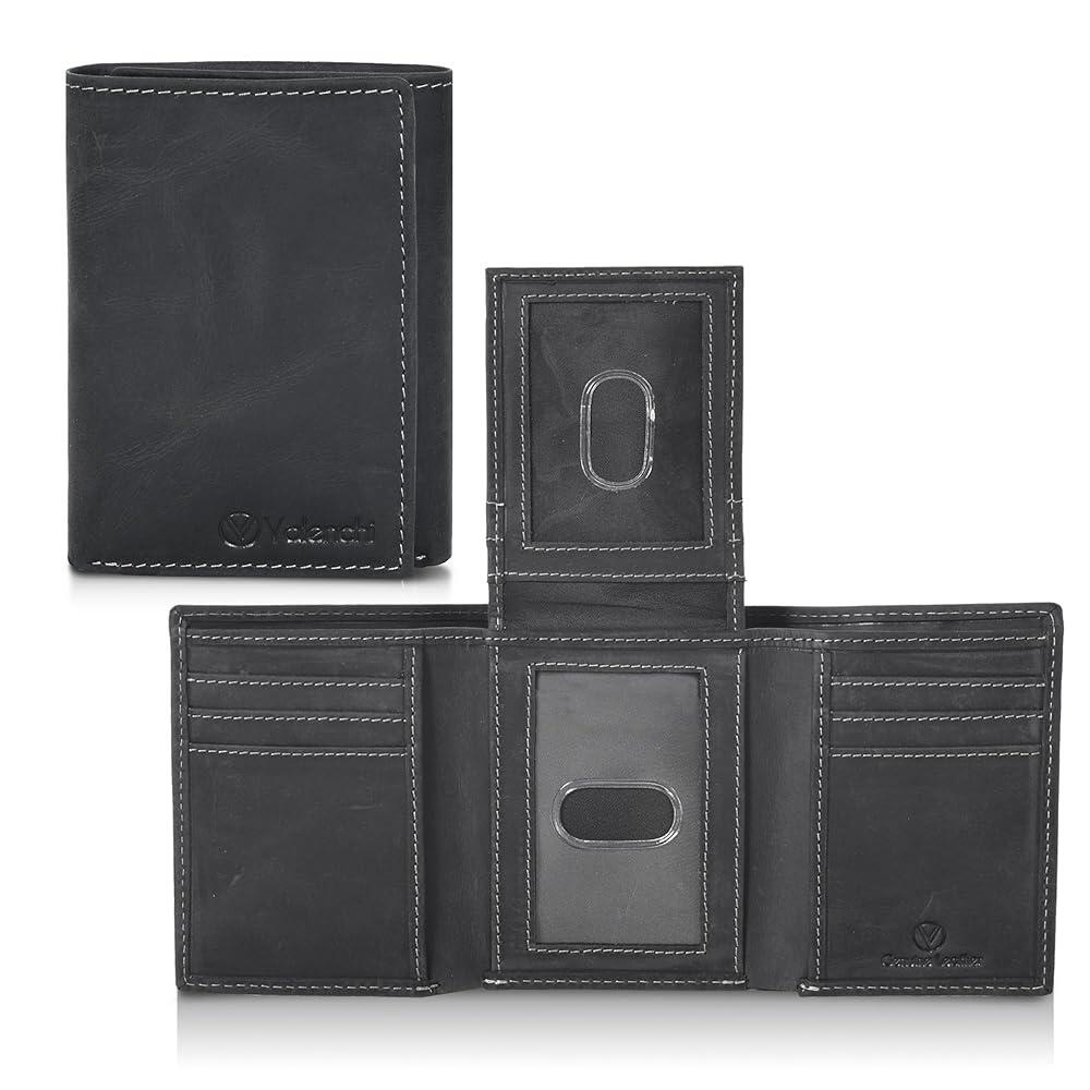 VALENCHI 천연 가죽 3단 남성용 지갑 - 카드 홀더 슬롯 신분증 창 및 화폐 칸 포함 블랙 오일 헌터 TF04