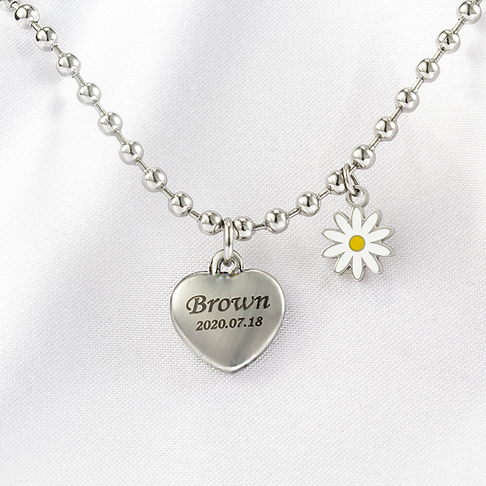 케니브라운 KC인증 무료각인 유아 아기 하트 데이지꽃 미아방지목걸이 무광하트 써지컬스틸목걸이