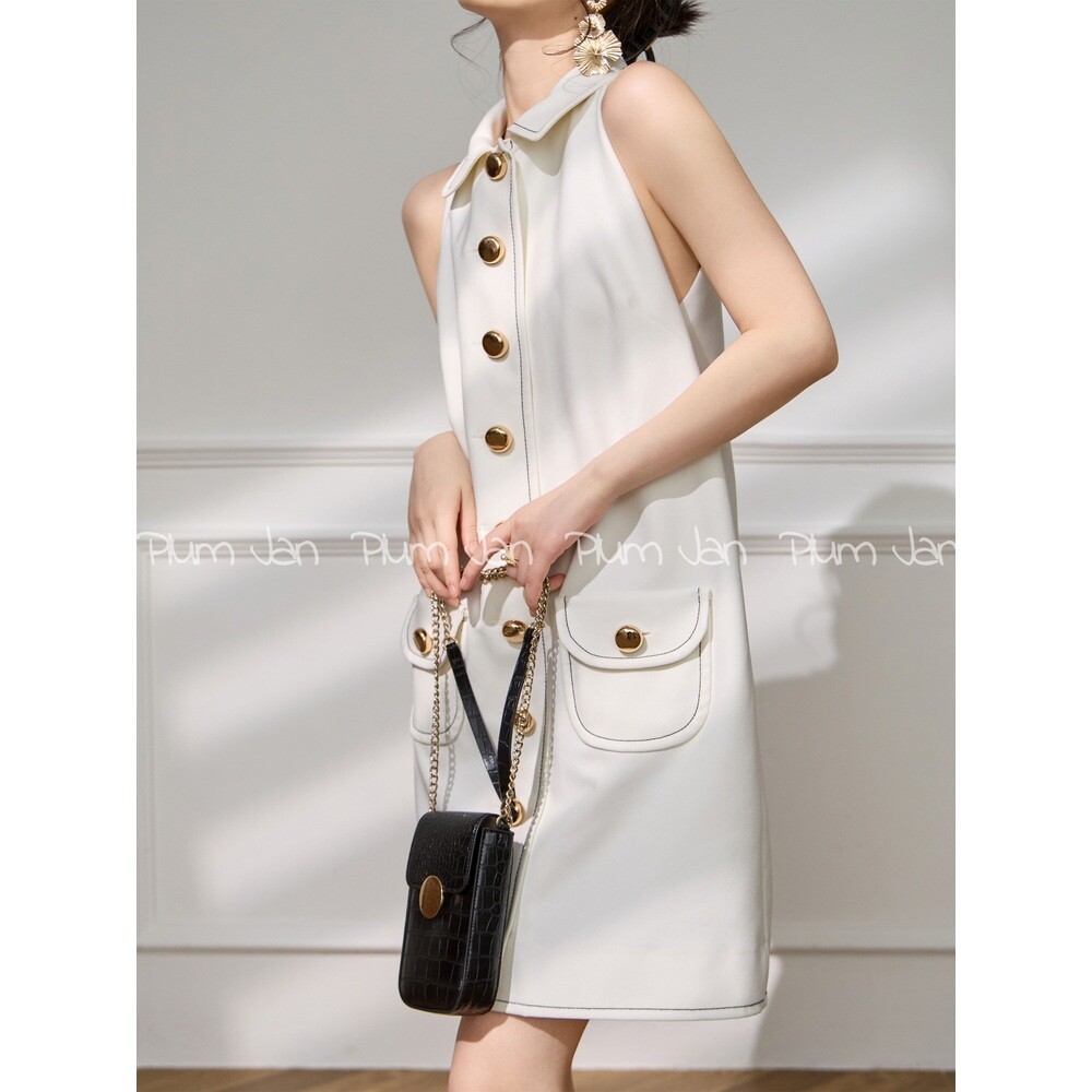 명품스타일여성의류 홍콩수입보세 홀터넥 버튼 원피스 민소매원피스 카라원피스 스티치원피스 여름원피스