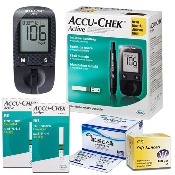 [오늘출발] 아큐첵 로슈 아큐첵 액티브 혈당계+시험지 110매+소프트란셋 100개+알콜솜100매 당뇨 측정 소모성 재료