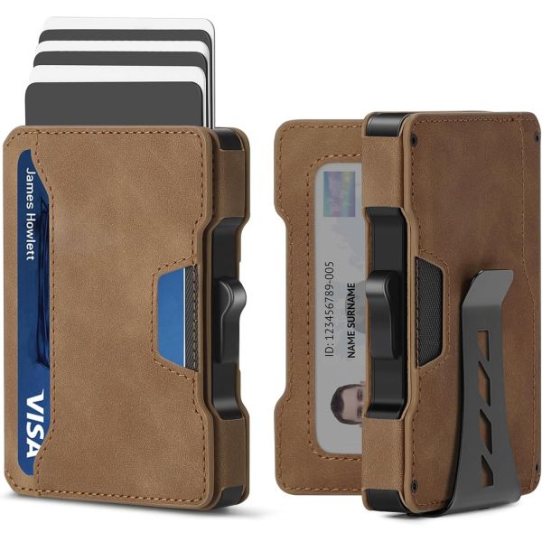 남성용 슬림 지갑 - 미니멀리스트 머니 클립 알루미늄 팝업 카드 케이스 가죽 슬롯 신용카드 홀더 선물 상