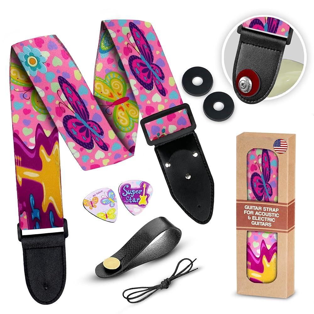 Art Tribute 어쿠스틱 일렉트릭 및 베이스 기타용 기타 스트랩 조절 가능한 핑크 우븐 무료 보너스 2개 +