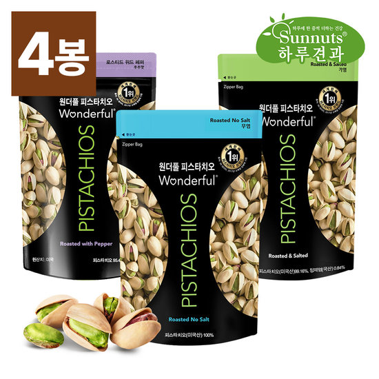 하루견과 까먹는재미 원더풀 피스타치오 150gx4봉 (무염/가염/후추 택1)