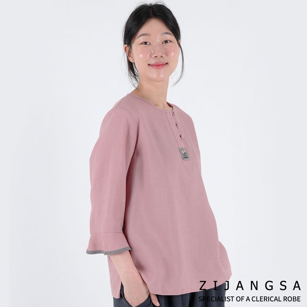 7077 (여) 우드 자수티 / 상의 티셔츠 여자 여성 보살님 여름 생활한복 개량한복 법복 절복 지장사
