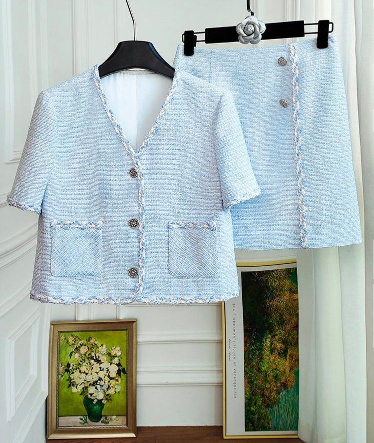 고급 홍콩 수입보세의류 여성 봄 여름 명품스타일 반팔 V넥 트위드자켓 스커트 정장 세트 동창회 하객룩