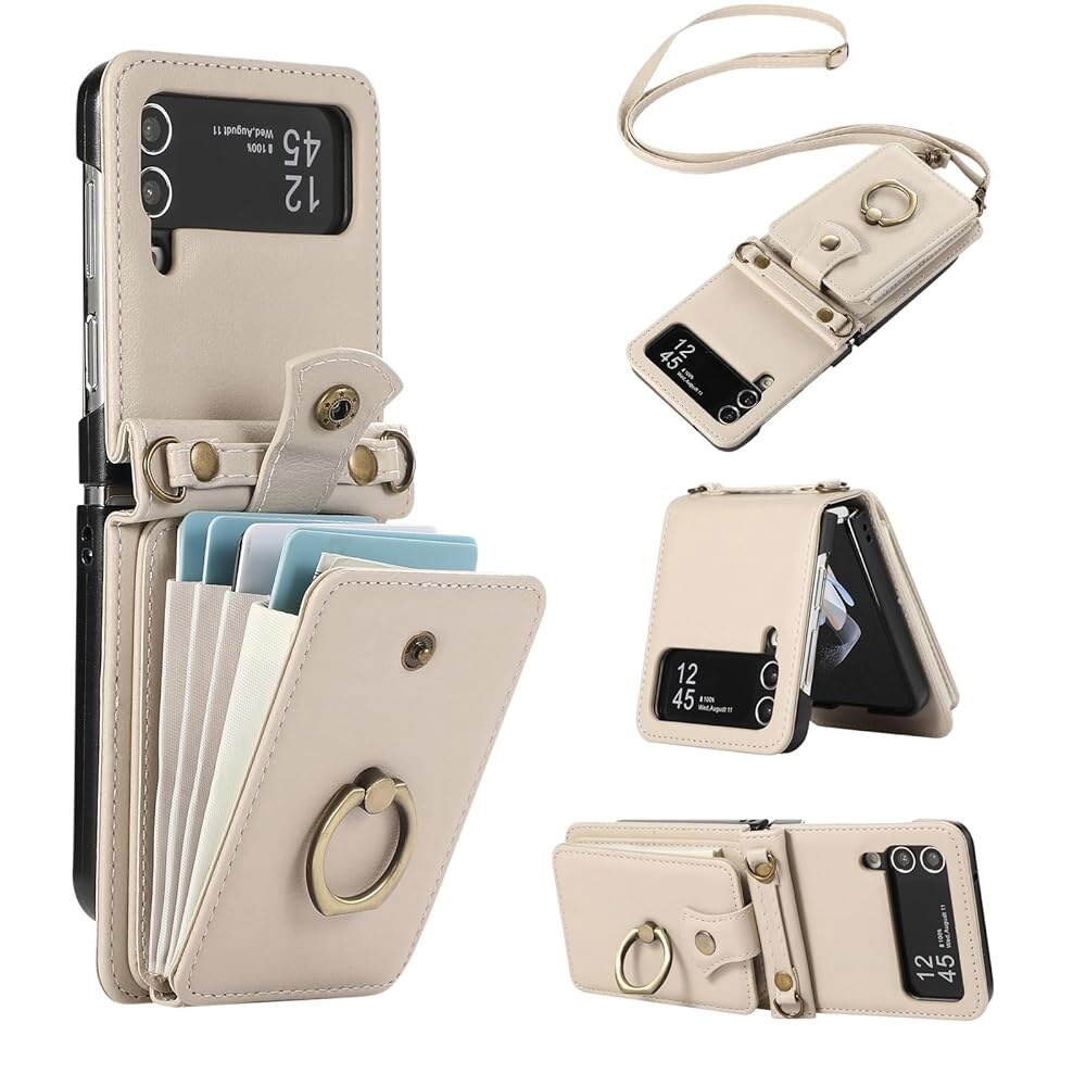[오늘출발] 삼성 갤럭시 Z 플립 3 5G 2021 지갑 셀 커버 및 크로스바디 스트랩 링 스탠드 RFID 신용 슬롯 카드 홀더