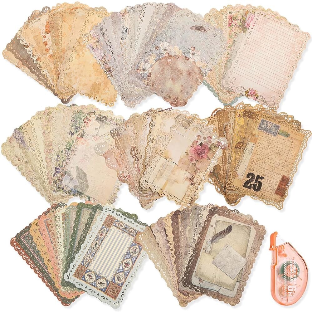 [오늘출발] 플라수 빈티지 스크랩북 용품 80장 레이스 가장자리 문구류 양면 테이프 롤러가 있는 정크 저널 제작 디커