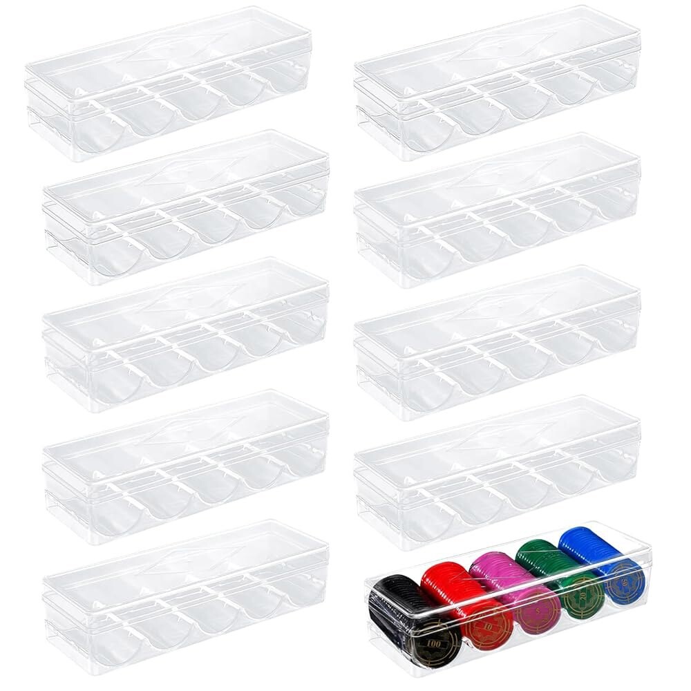 세넨큐 10팩 투명 아크릴 포커 칩 랙 뚜껑 카지노 포커 칩 트레이 랙 칩 보관 디스플레이 케이스 텍사스