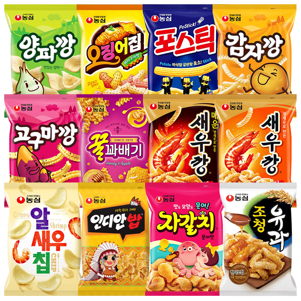 농심 농심 인기 과자 12종(양파+오징어+포스틱+감자+고구마+꿀꽈배기+매운새우+새우+알새우+인디안+자갈치+조청)