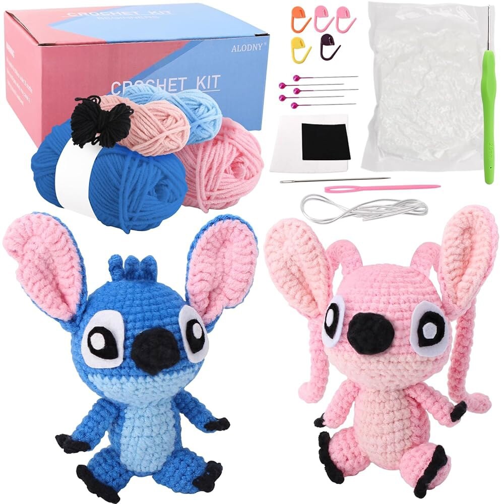 [오늘출발] 초보자용 알로드니 크로셰 키트 성인용 니트 키트 실 세트 단계별 동영상 튜토리얼 블루 핑크