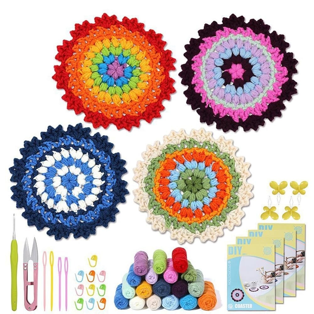 [오늘출발] 실이 달린 초보자용 크로셰 키트 성인용 스타터 단계별 동영상 튜토리얼 플라워 코스터