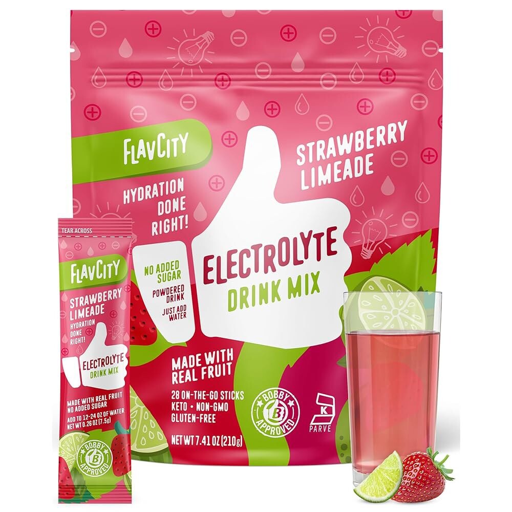 [오늘출발] 플라브시티 딸기 라임에이드 전해질 파우더 패킷 - 28개의 수분 설탕 첨가 없음 진짜 과일과 정제되지