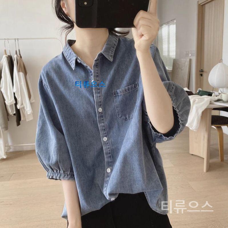 여름 여성 반팔 데님 셔츠 퍼프 카라 남방 빅사이즈 루즈핏 상의 베이직 M~3XL 티류으스