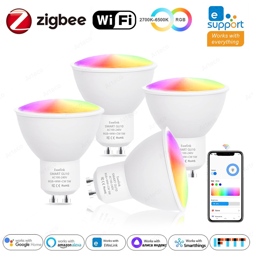 [오늘출발] Ewelink GU10 Zigbee LED 전구 WiFi 스마트 램프 RGB CW WW App 제어 Led 전구는 Alexa Google Yandex와