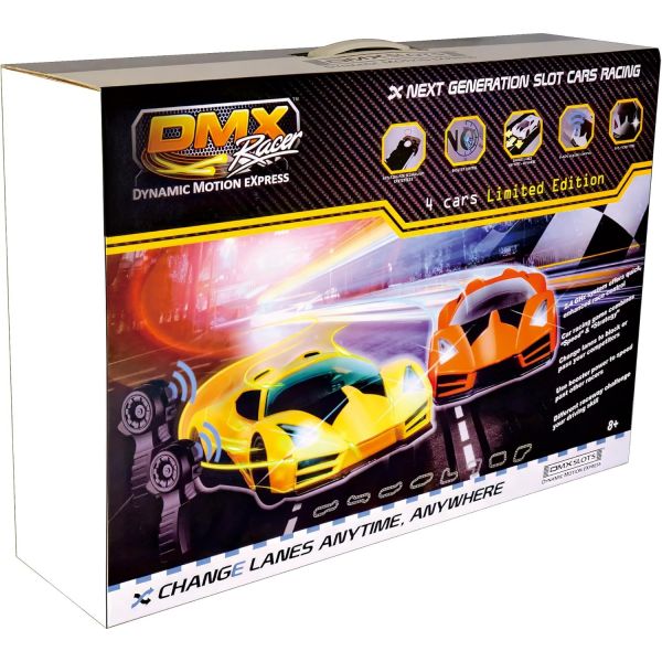 DMX 레이서: 다이내믹 모션 익스프레스 - 독점 프로 슬롯 카 레이싱 2.4GHz 4 플레이어 18 멀티 트랙 프로