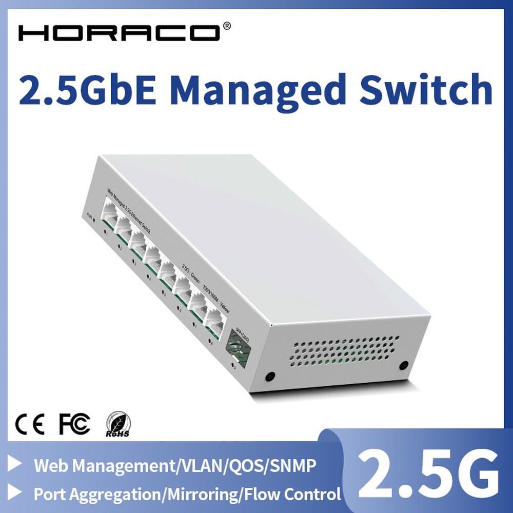 [오늘출발]HORACO 5GBE 관리형 포트 스위처 네트워크 허브 5GBASE 스위치 인터넷 SFP 슬롯 업링크 분배기 10G 팬리스
