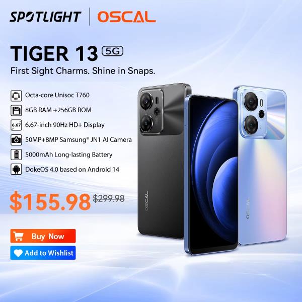 OSCAL TIGER 13 5G 스마트폰 Unisoc T760 6.67 인치 IPS 디스플레이 8GB + 256GB50MP AI 카메라 NFC