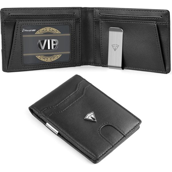 슬림 미니멀리스트 RFID 차단 전면 포켓 반지갑 남성용 머니 클립 내장 | 12개 신용카드 슬롯 분리형 클립