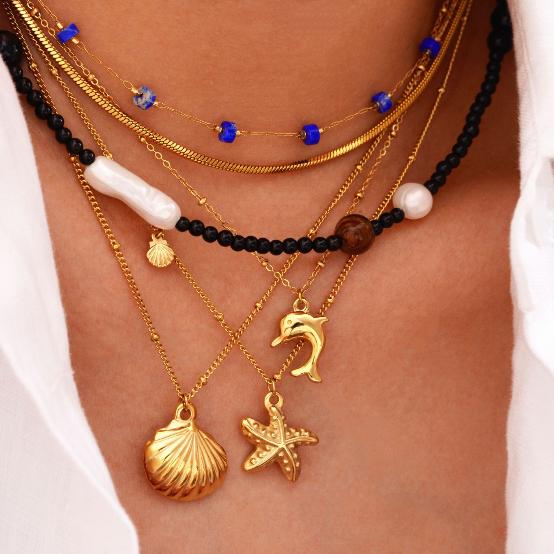 새로운 여름 해양 원소 펜던트 액세서리 불가사리 조개 돌고래 스테인리스 스틸 14k 목걸이 금 천연 진주