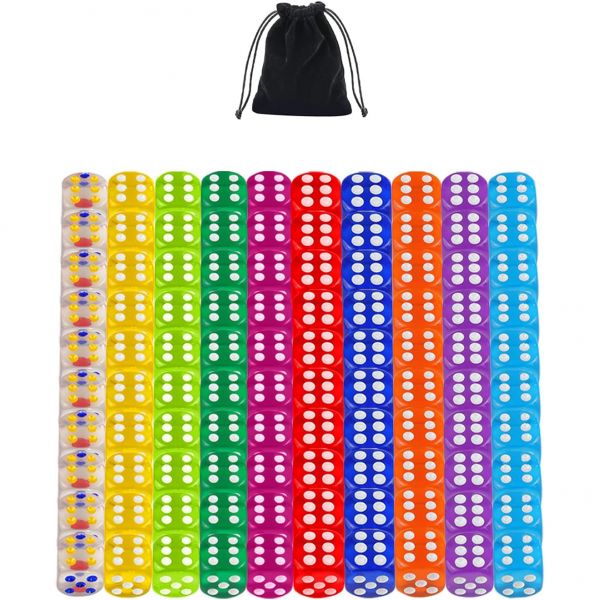 카지노 주사위 다이스 케이스 키트 100피스 6면 세트 10가지 색상 12mm 투명 아크릴 무료 벨벳 파우치 포함