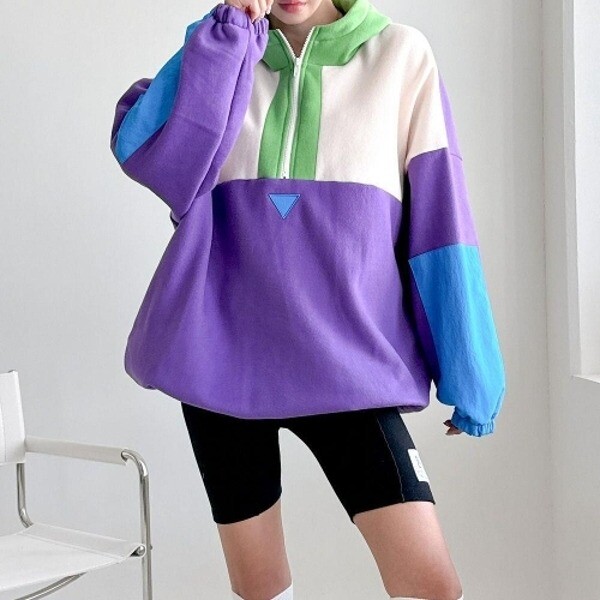 기타 (패플) 다잇템다잇템 여자 블록코어룩 하프집업 후디 양기모 큰사이즈 티셔츠