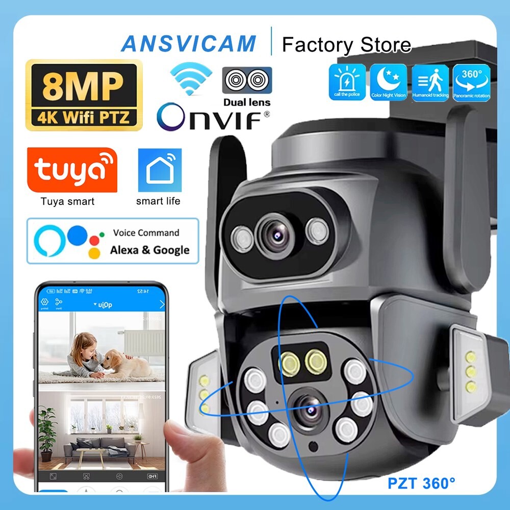 4K 8MP WIFI 카메라 TUYA APP 듀얼 스크린 쌍안 AI 바디 자동 추적 CCTV ALEXA 보안 지능형 IP66 모니터링