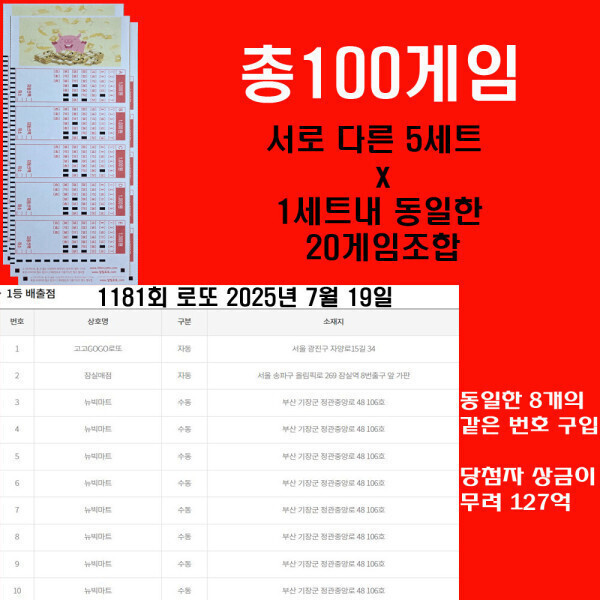 나도 127억 LOTTO동일번호8개 1등 부산1인 127억당첨:  마킹된 총100게임  동일한 번호조합20게임씩 5세트