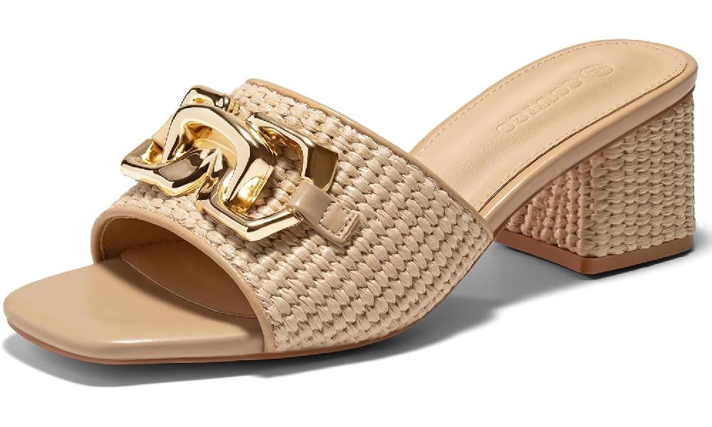 여성용 라피아 슬라이드 샌들 청키 블록 힐 스퀘어힐 오픈토 메탈 체인 슬립온 뮬