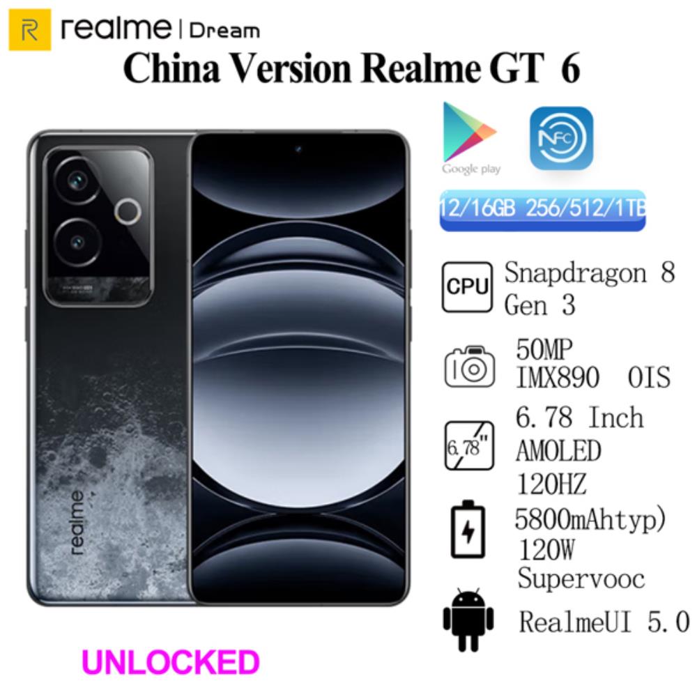 휴대폰 SIM 카드 Realme 정품 GT 6 잠금 해제 5800mAh 120W SuperVOOC 스냅드래곤 8 Gen 3 6.78 인치 120Hz