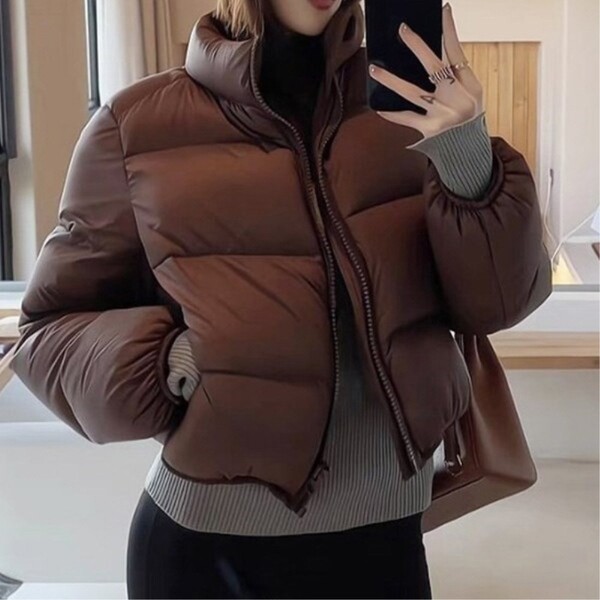 여성 캐주얼 하이넥 크롭 패딩 자켓 블랙 브라운