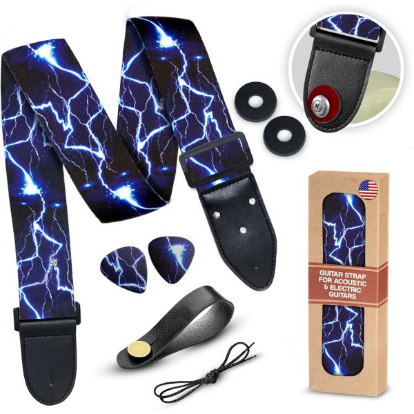 아트 트리뷰트 기타 스트랩 어쿠스틱 일렉트릭 베이스 기타용 - 번개 디자인 조절 가능 클래식 무료 추가 2